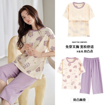 纯棉带胸垫睡衣女士夏季短袖七分裤可外穿休闲少女全棉家居服套装图2