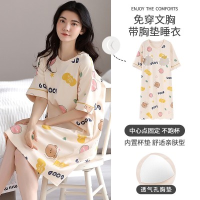 带胸垫纯棉睡裙女士夏季薄款短袖睡衣卡通可爱新款少女全棉家居服图5