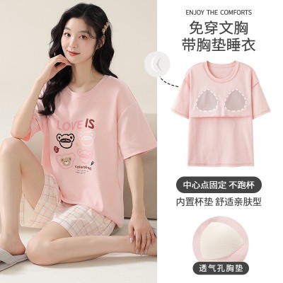 纯棉带胸垫睡衣女夏季短袖短裤可外穿卡通可爱少女全棉家居服套装图4