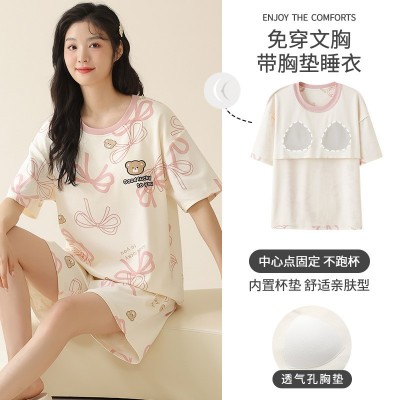 纯棉带胸垫睡衣女夏季短袖短裤可外穿卡通可爱少女全棉家居服套装图3