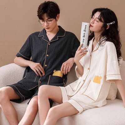 情侣睡衣女夏季薄款短袖短裤春夏男士休闲开衫家居服可外穿两件装图5