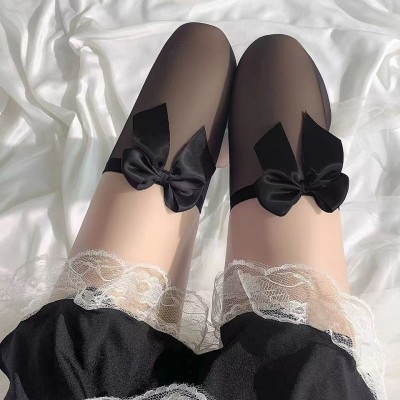 日系纯欲超薄丝袜白丝袜蝴蝶结长筒过膝袜女网红黑丝袜ins高筒袜图5