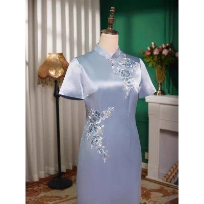 蓝色改良旗袍中式高端夏女喜婆婆衣服丈母娘婚宴礼服敬酒服妈妈装图4