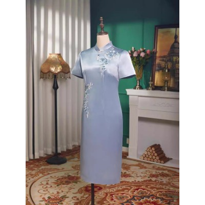 蓝色改良旗袍中式高端夏女喜婆婆衣服丈母娘婚宴礼服敬酒服妈妈装图2