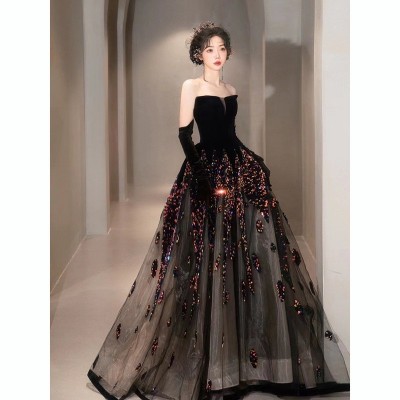 抹胸晚礼服长裙女高级感宴会轻奢名媛高端主持人声乐艺考黑色拖尾图1