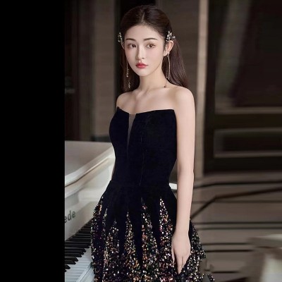 抹胸晚礼服长裙女高级感宴会轻奢名媛高端主持人声乐艺考黑色拖尾图4