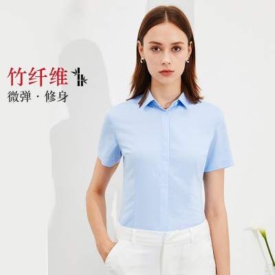 免烫衬衫男女长袖商务休闲职业抗皱工装竹纤维短袖中青年衬衣绣花图2