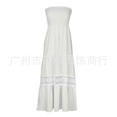 欧美新品女装纯色抹胸拼接下摆长款无袖复古波西米亚收腰连衣裙图5