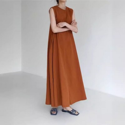韩国 chic风 宽松 超大摆 无袖南瓜色 长款 棉麻连衣裙OPS 女2023图3