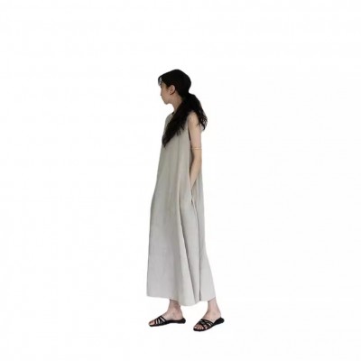 韩国 chic风 宽松 超大摆 无袖南瓜色 长款 棉麻连衣裙OPS 女2023图5