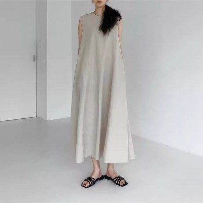 韩国 chic风 宽松 超大摆 无袖南瓜色 长款 棉麻连衣裙OPS 女2023图4