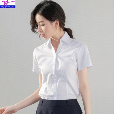 V领白色衬衫女夏季正装工装面试职业套装修身短袖衬衣银行工作服图2