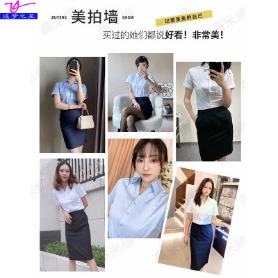 V领白色衬衫女夏季正装工装面试职业套装修身短袖衬衣银行工作服图3