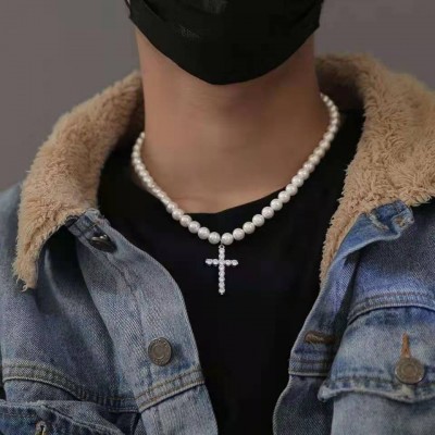 明星同款欧美简约百搭十字架珍珠项链嘻哈潮流男女饰品hiphop时尚图3