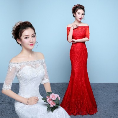 红色婚纱礼服新娘显瘦大码鱼尾收腰鱼尾婚纱齐地一字肩修身韩式图3