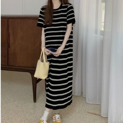 韩版减龄条纹宽松直筒针织短袖连衣裙子女夏季新款法式小个子图2