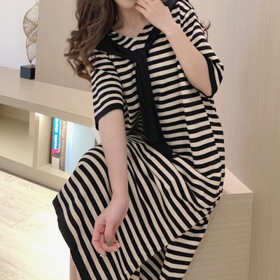 韩版减龄条纹宽松直筒针织短袖连衣裙子女夏季新款法式小个子图4