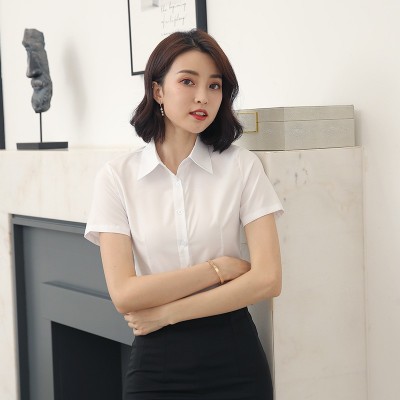 白色衬衫女长短袖职业装正装工作服修身弹力棉料免烫上衣 衬衫批发图2