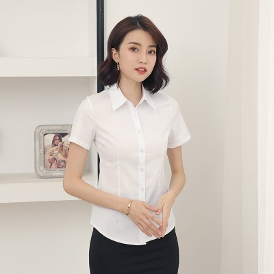 白色衬衫女长短袖职业装正装工作服修身弹力棉料免烫上衣 衬衫批发图4