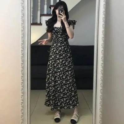 茶歇法式赫本风黑色碎花连衣裙子女夏季新款气质收腰长裙高级图2