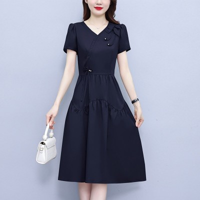 时尚中长款短袖连衣裙女2024夏季新款气质妈妈装减龄显瘦休闲裙子图2