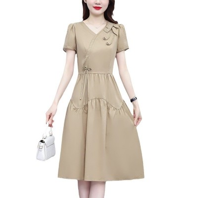 时尚中长款短袖连衣裙女2024夏季新款气质妈妈装减龄显瘦休闲裙子图4