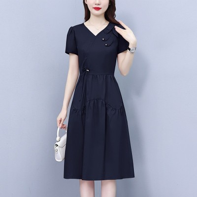 时尚中长款短袖连衣裙女2024夏季新款气质妈妈装减龄显瘦休闲裙子图3
