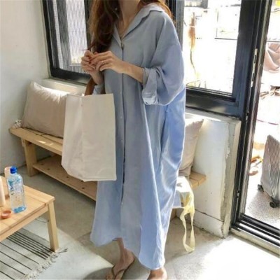 388韩国休闲衬衫裙2024春季新款女装大码宽松衬衣裙长款棉麻外贸图4