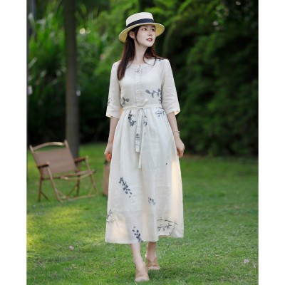 文艺旅行棉麻女装夏季新款高端苎麻印花系带系带修身大摆连衣裙女图3