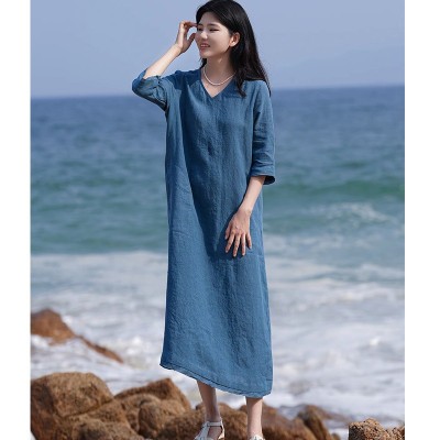 原创文艺旅行棉麻女装夏季新款高密织亚麻宽松减龄中长款连衣裙女图2