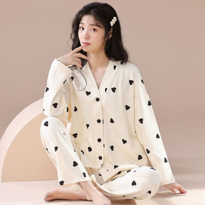 2024春秋季牛奶丝睡衣女开衫V领长袖长裤薄款波点印花家 居服套装图2