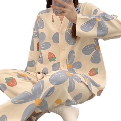 2024春秋季牛奶丝睡衣女开衫V领长袖长裤薄款波点印花家 居服套装图5