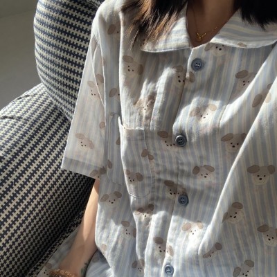 全棉双层纱布条纹小狗睡衣可爱夏季短袖短裤家居服套装图2