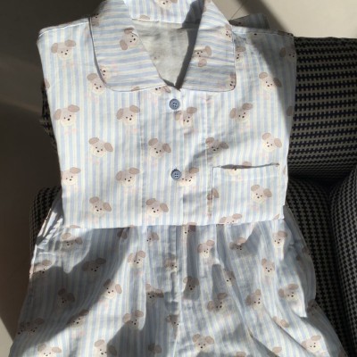 全棉双层纱布条纹小狗睡衣可爱夏季短袖短裤家居服套装图3