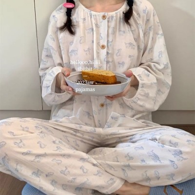 纯棉双层纱布素描猫咪宽松韩版家居服睡衣套装图2