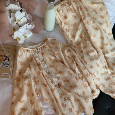 纯棉双层纱布素描猫咪宽松韩版家居服睡衣套装图4