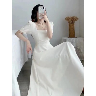 泡泡袖方领白色赫本轻熟风连衣裙女白裙子收腰显瘦气质过膝长裙夏图3