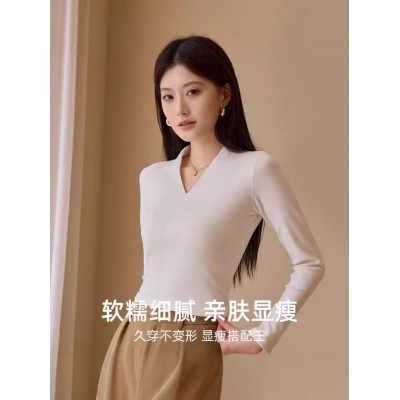 2024v领修身上衣秋冬长袖显瘦内搭打底衫设计感百搭t恤新款图4