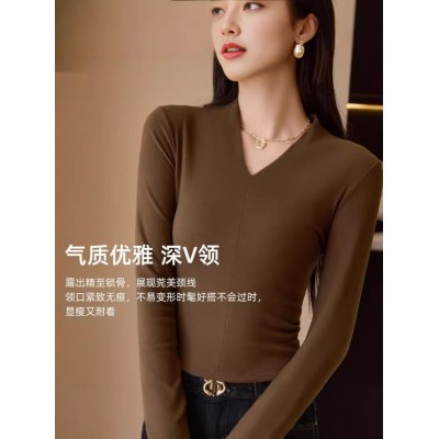 2024v领修身上衣秋冬长袖显瘦内搭打底衫设计感百搭t恤新款图5