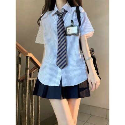 韩式学院风jk衬衫上衣条纹夏季新款宽松短袖甜美学姐基础百搭衬衣图3