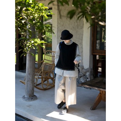 新中式马甲亚麻混纺女秋 温柔黑古朴蕾丝花边马夹 坎肩外搭B0825图5