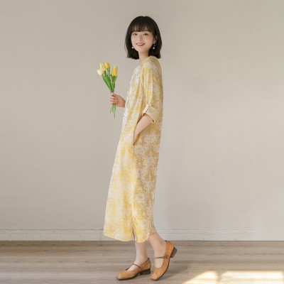 山自在新中式连衣裙 日常中长款旗袍休闲禅茶服221232图3