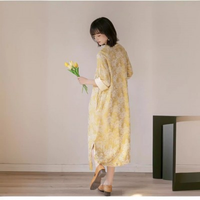 山自在新中式连衣裙 日常中长款旗袍休闲禅茶服221232图4