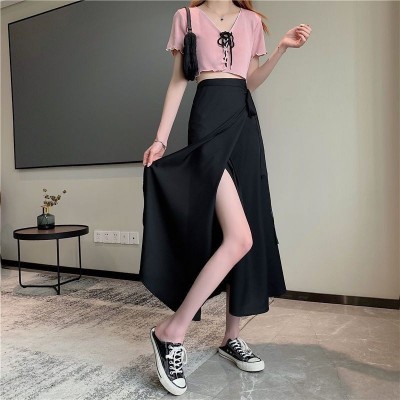春夏纯色新款黑色系带一片式中长a字半身裙开叉垂感女裙子图1