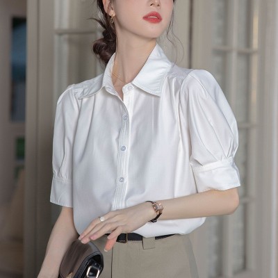 法式气质白色衬衫女2024年夏季新款设计感小众通勤衬衣女 短袖上衣图2
