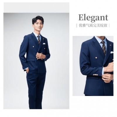 双排扣西装男士秋季西服套装新郎结婚礼服海军蓝正装西服高定图2
