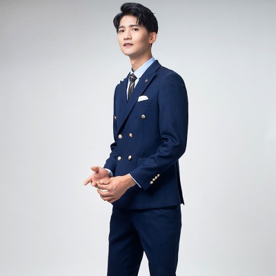 双排扣西装男士秋季西服套装新郎结婚礼服海军蓝正装西服高定图5