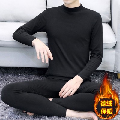 厂家批发秋冬季德绒半高领保暖内衣男士套装打底磨毛防寒中领套装图2