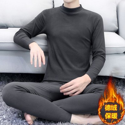 厂家批发秋冬季德绒半高领保暖内衣男士套装打底磨毛防寒中领套装图3