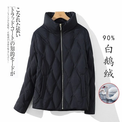 轻薄羽绒服女短款90白鹅绒菱形格2023秋冬季新款立领宽松羽绒外套图2